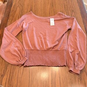 Abercrombie & Fitch Smocked-Hem Long Sleeve Top - Dusty Rose